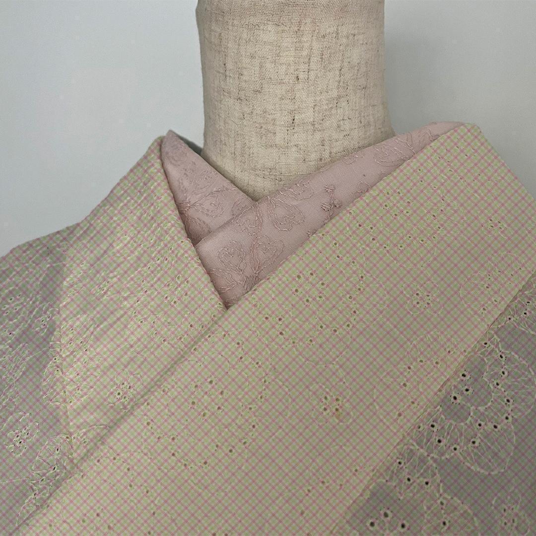 半衿 薄柿 綿麻 ハートの花の刺繍 コットンリネン ピンク 半襟 綿麻レース 夏