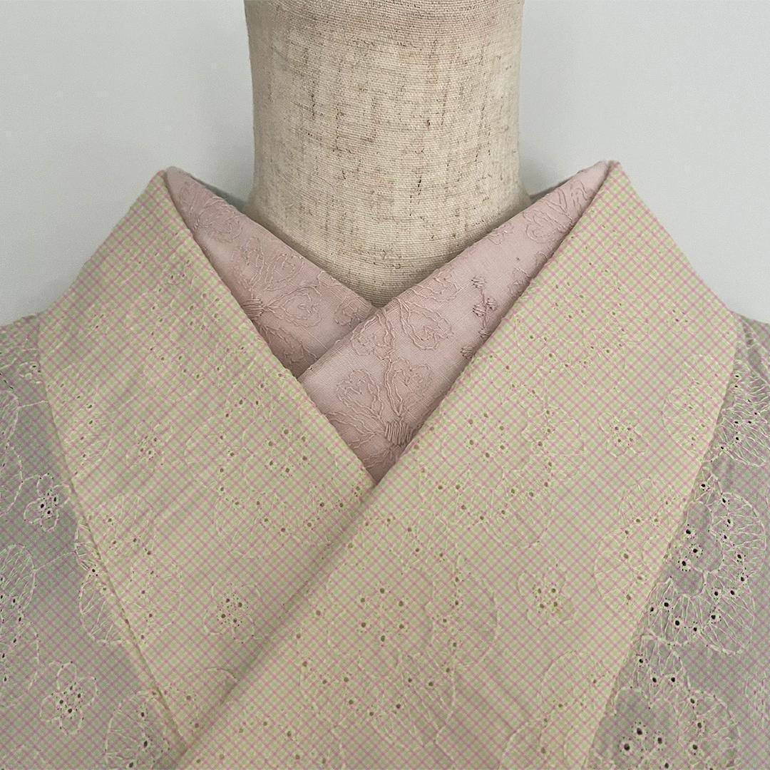 半衿 薄柿 綿麻 ハートの花の刺繍 コットンリネン ピンク 半襟 綿麻レース 夏