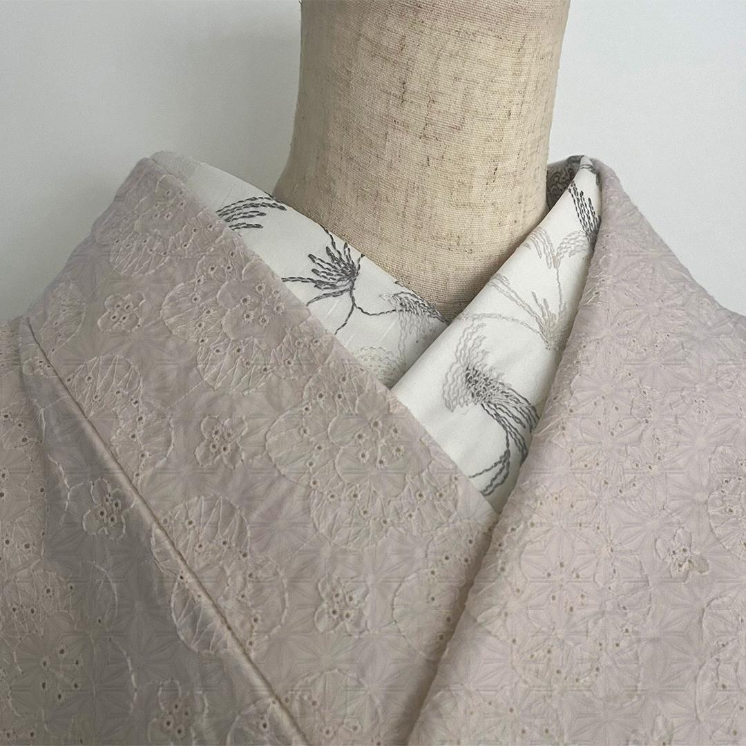 半衿 2つの花の刺繍 コットンレース オフ白 半襟 洗える エンブロイダリー