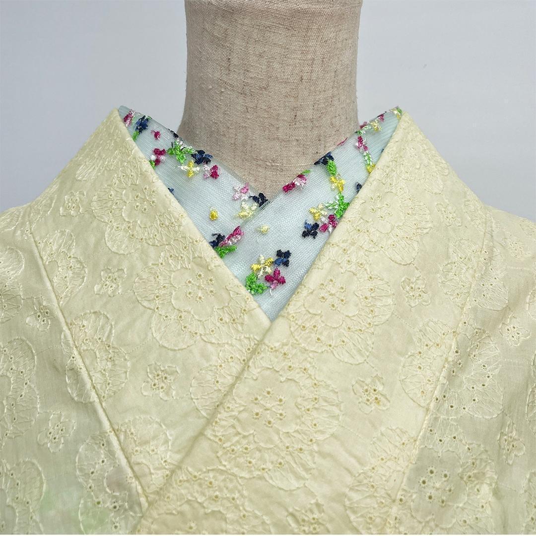 半衿 花の刺繍のチュール 半襟 薄緑 かわいい カジュアル オールシーズン