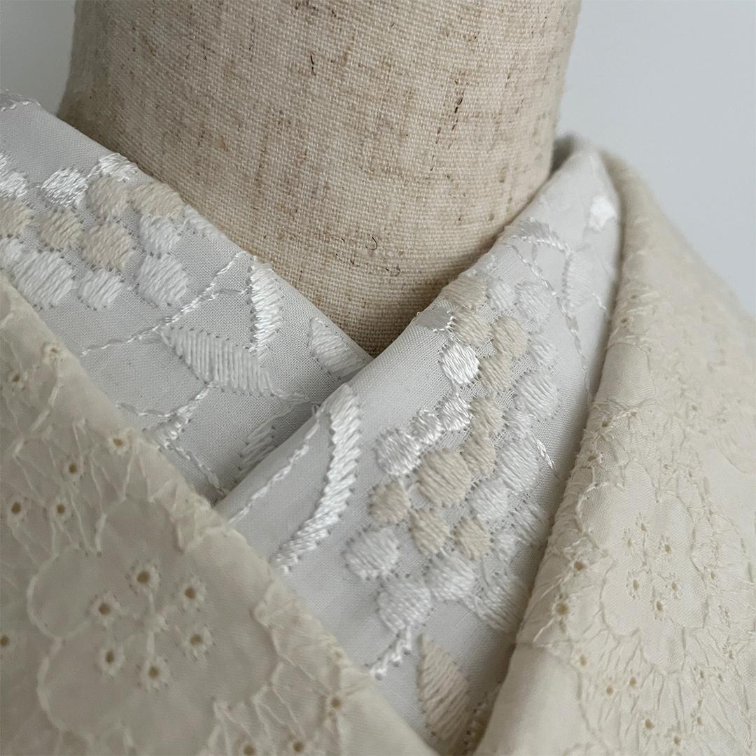 半衿 白実の万両 刺繍 コットンレース オフ白 半襟 洗える エンブロイダリー