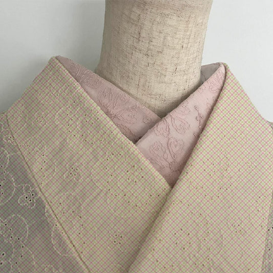 半衿 薄柿 綿麻 ハートの花の刺繍 コットンリネン ピンク 半襟 綿麻レース 夏