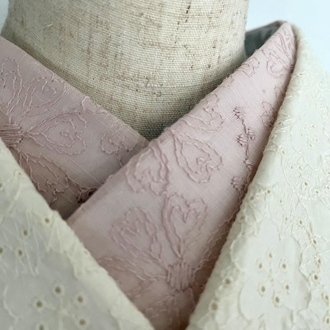 半衿 薄柿 綿麻 ハートの花の刺繍 コットンリネン ピンク 半襟 綿麻レース 夏