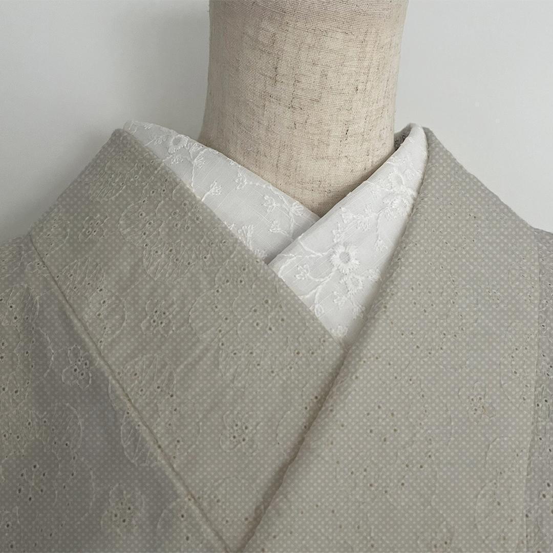 半衿 白 綿麻 つる花の刺繍 コットンリネン 半襟 綿麻レース オールシーズン