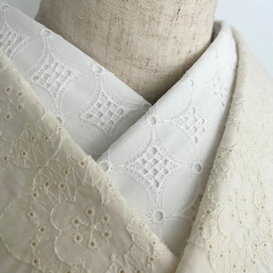 半衿 花七宝のコットンレース 刺繍 白 半襟 洗える エンブロイダリー 市松