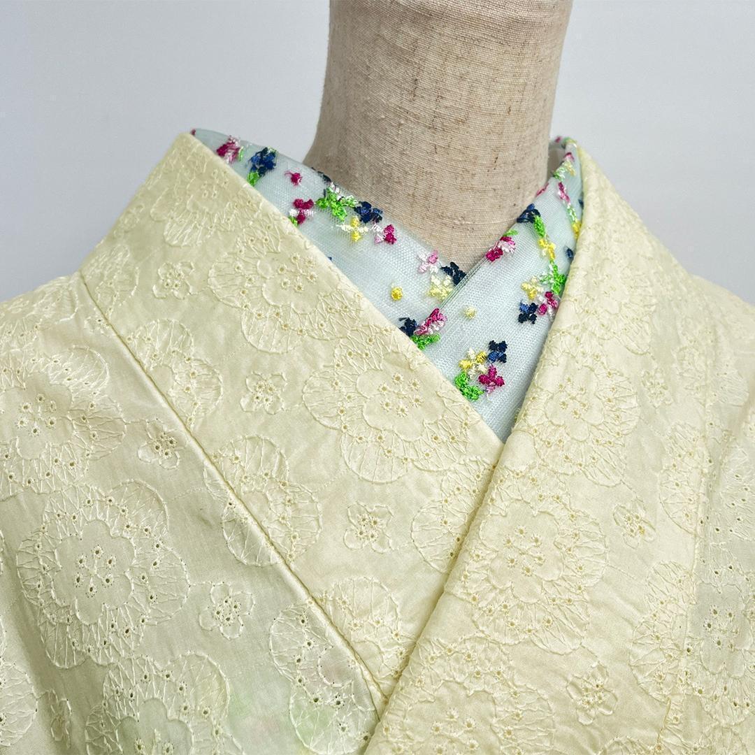 半衿 花の刺繍のチュール 半襟 薄緑 かわいい カジュアル オールシーズン