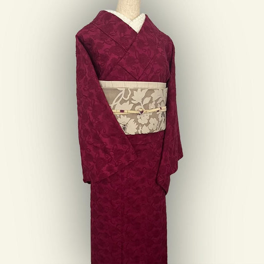 着物 単衣 ダークマゼンタ 刺繍 ピンク コットン きもの コットンレース 木綿