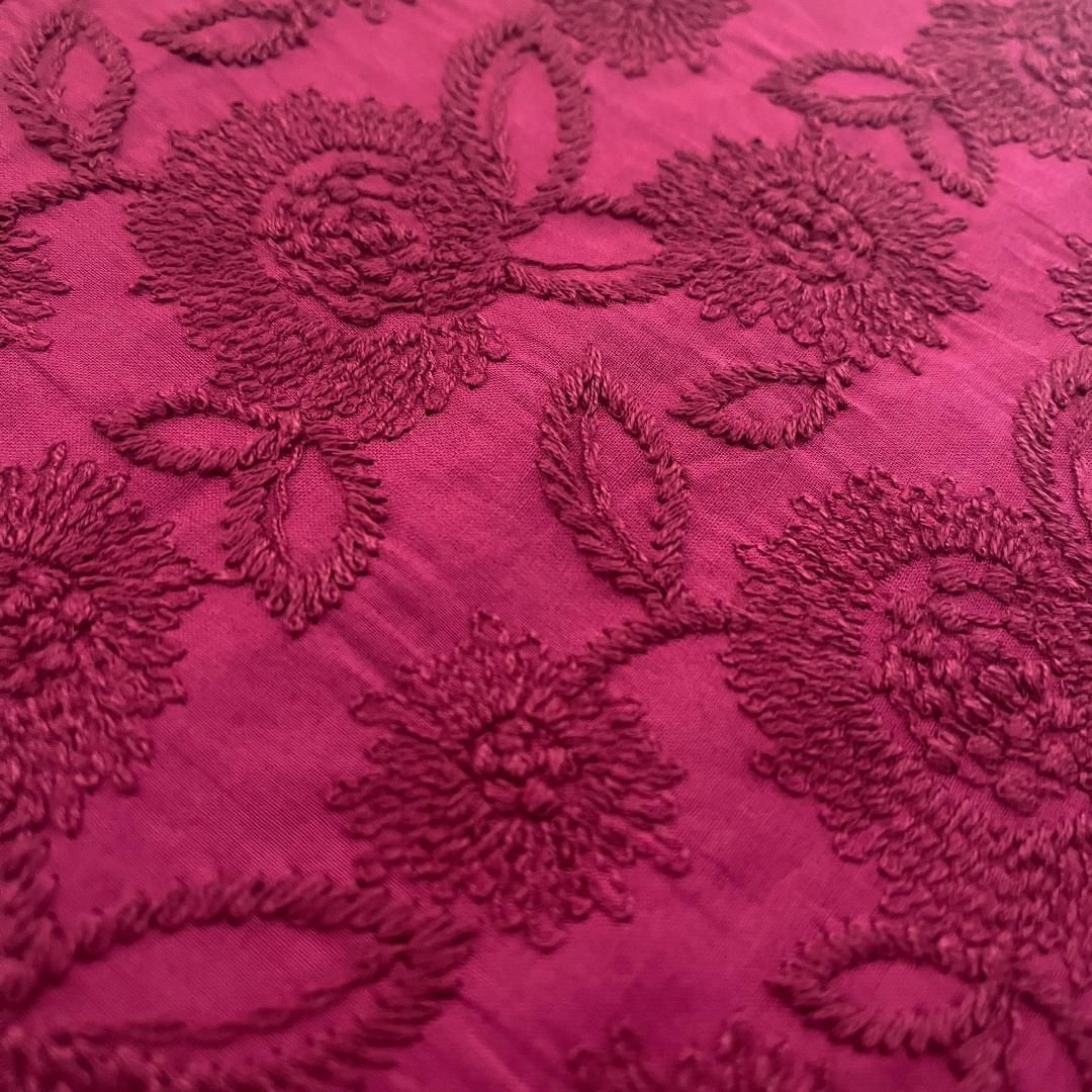 着物 単衣 ダークマゼンタ 刺繍 ピンク コットン きもの コットンレース 木綿