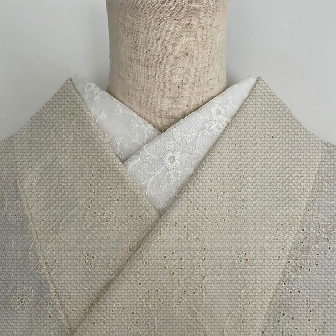 半衿 白 綿麻 つる花の刺繍 コットンリネン 半襟 綿麻レース オールシーズン