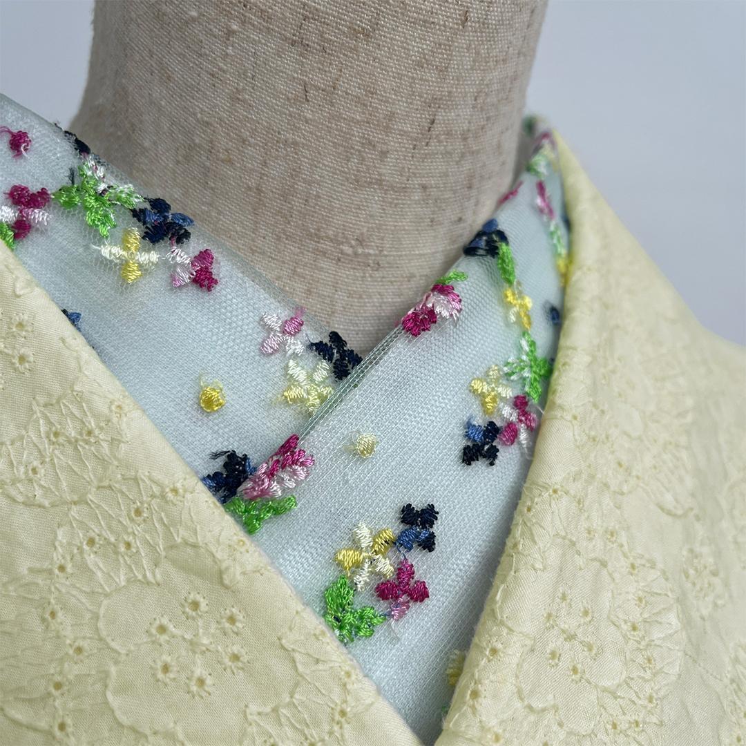 半衿 花の刺繍のチュール 半襟 薄緑 かわいい カジュアル オールシーズン