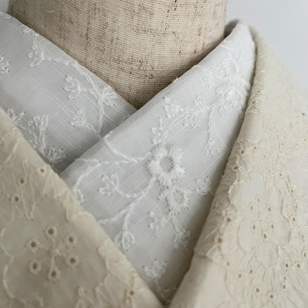 半衿 白 綿麻 つる花の刺繍 コットンリネン 半襟 綿麻レース オールシーズン