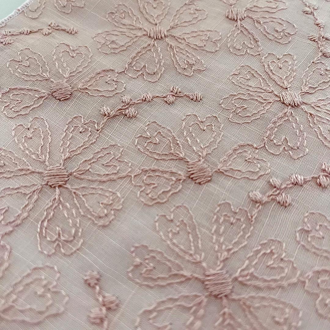 半衿 薄柿 綿麻 ハートの花の刺繍 コットンリネン ピンク 半襟 綿麻レース 夏