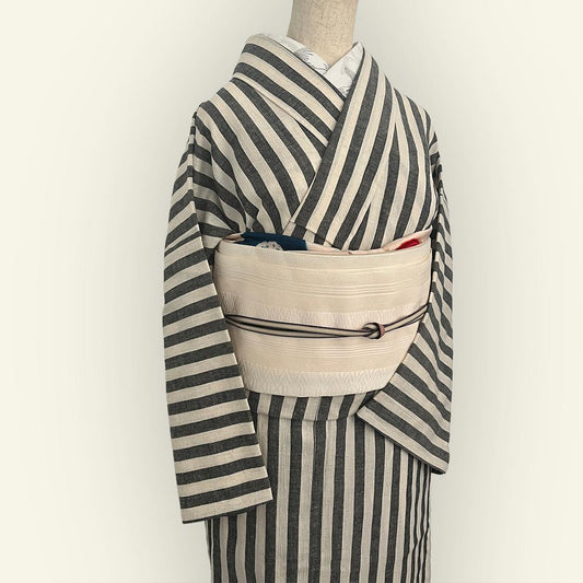 着物 単衣 一年中着られるシーズンレスきもの 縞 墨 グレー 綿麻コットンリネン