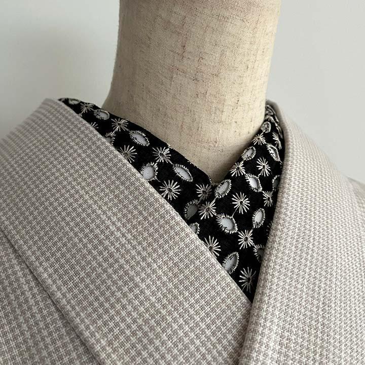 【訳あり】半衿 星と十三夜月の刺繍 黒にシャンパンゴールド ハンドメイド 半襟 レース
