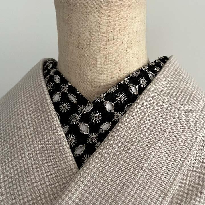 【訳あり】半衿 星と十三夜月の刺繍 黒にシャンパンゴールド ハンドメイド 半襟 レース