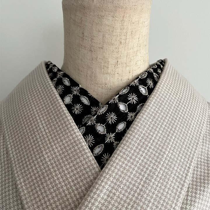 【訳あり】半衿 星と十三夜月の刺繍 黒にシャンパンゴールド ハンドメイド 半襟 レース