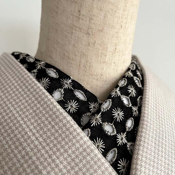 【訳あり】半衿 星と十三夜月の刺繍 黒にシャンパンゴールド ハンドメイド 半襟 レース