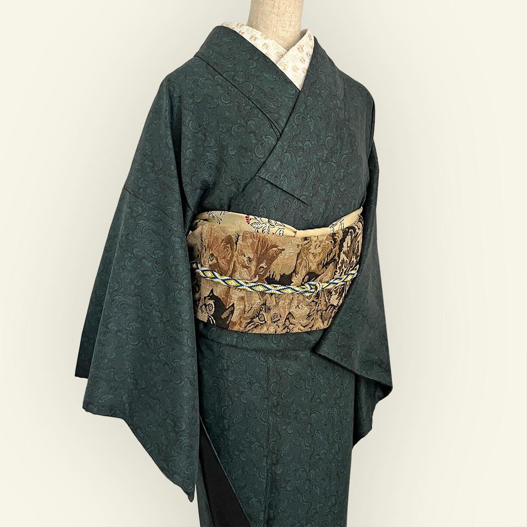 着物 袷 唐草 深緑 オリジナルきもの 色無地風 ポリエステル 洗え