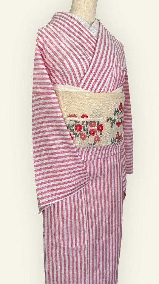 夏着物 浴衣 コスモポリタンピンク フレンチリネン 縞 きもの 単衣 麻