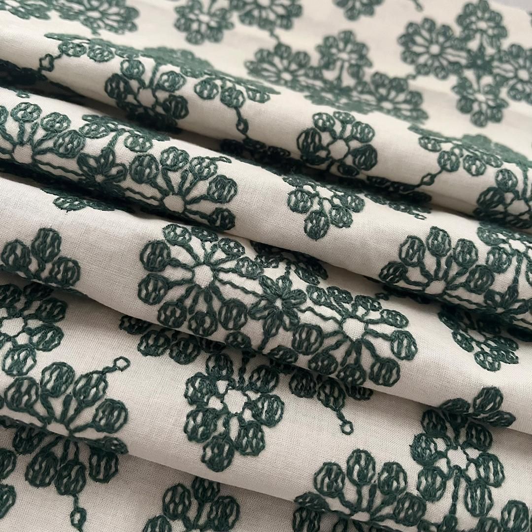 着物 単衣 花菱の刺繍 緑 コットン きもの コットンレース 木綿 グリーン