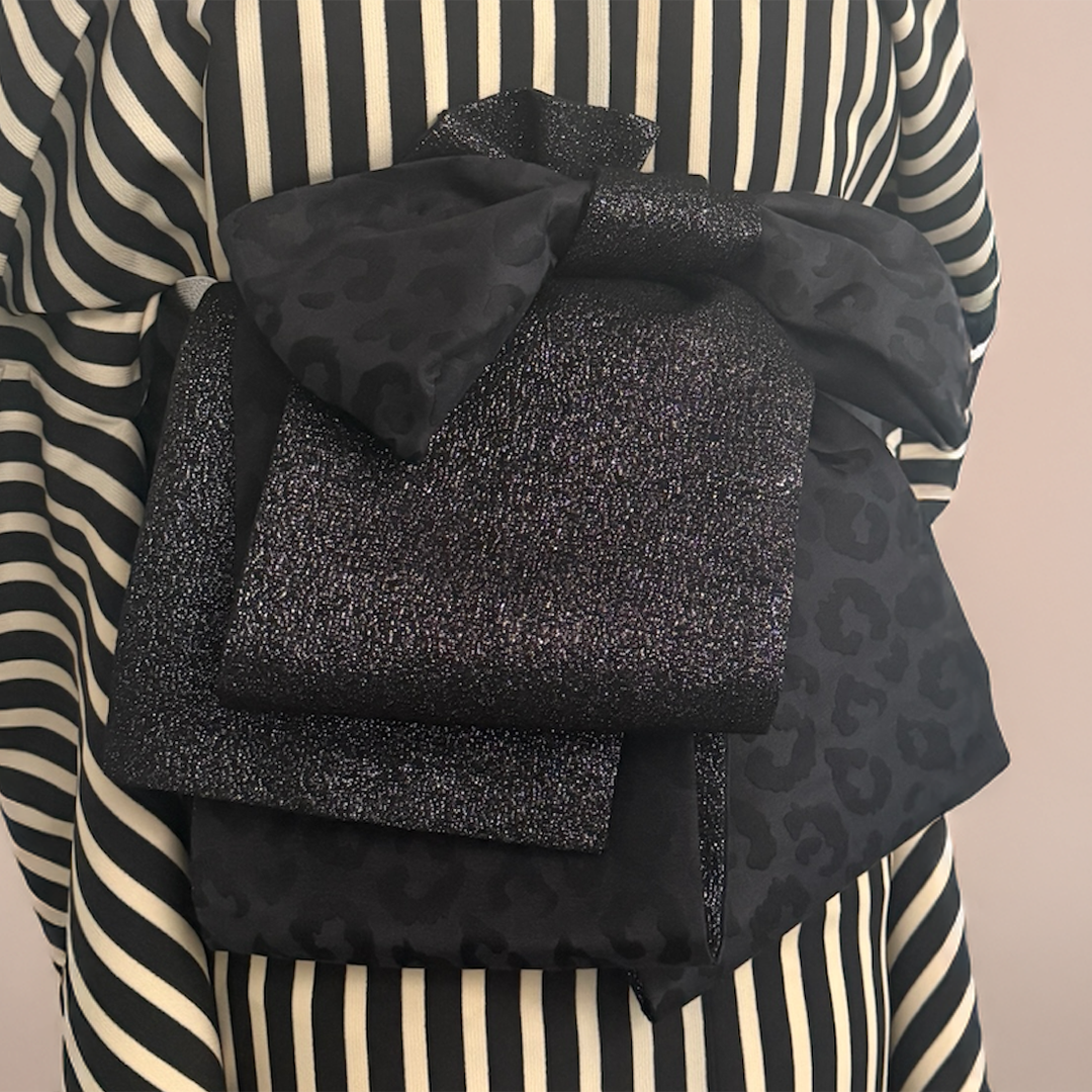 半幅帯 【サヴァンナ・ナイト】 兵児帯 大人のへこ帯 リバーシブル 黒 ラメ グリッター きらきら