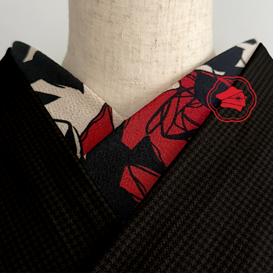 半衿 レトロモダン ちりめん 砂色に深緋の夢二薔薇 縮緬 半襟