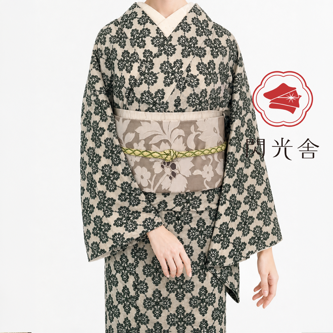 着物 単衣 花菱の刺繍 緑 コットン きもの コットンレース 木綿 グリーン