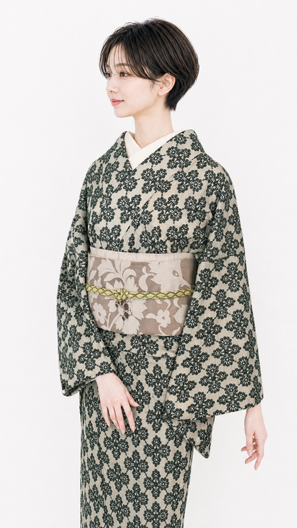 着物 単衣 花菱の刺繍 緑 コットン きもの コットンレース 木綿 グリーン