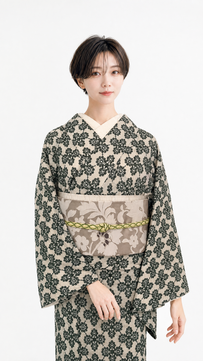 着物 単衣 花菱の刺繍 緑 コットン きもの コットンレース 木綿 グリーン
