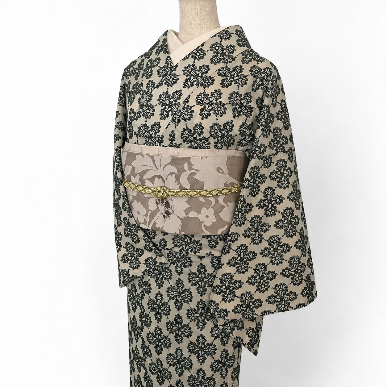 着物 単衣 花菱の刺繍 緑 コットン きもの コットンレース 木綿 グリーン