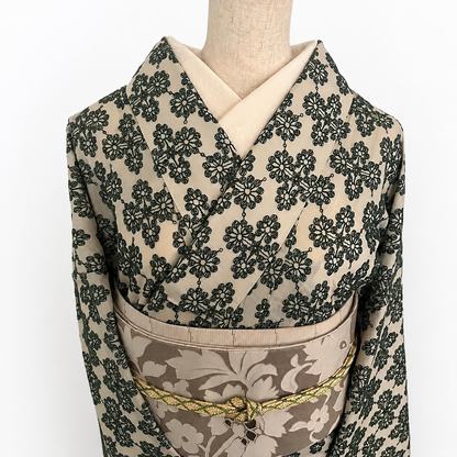 着物 単衣 花菱の刺繍 緑 コットン きもの コットンレース 木綿 グリーン