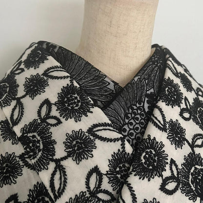 着物 単衣 瑠璃菊 モノトーン 刺繍 オフ白に黒 コットン きもの コットンレース 木綿