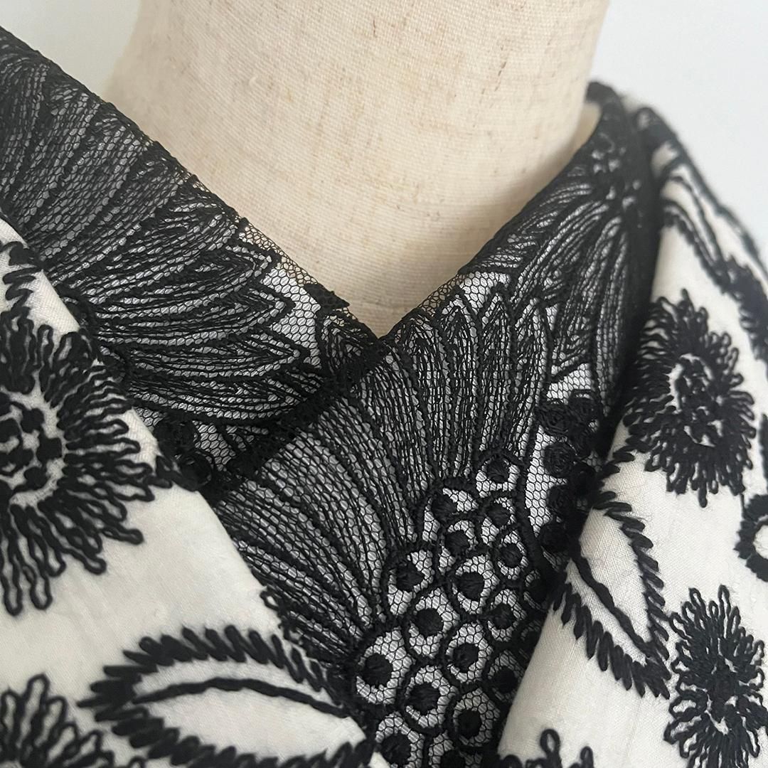 着物 単衣 瑠璃菊 モノトーン 刺繍 オフ白に黒 コットン きもの コットンレース 木綿