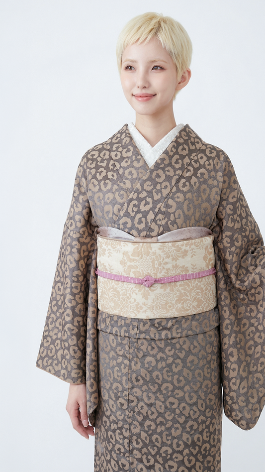 着物 単衣 【サヴァンナ・グレージュ】 ヒョウ柄 豹柄 レオパード グレージュ