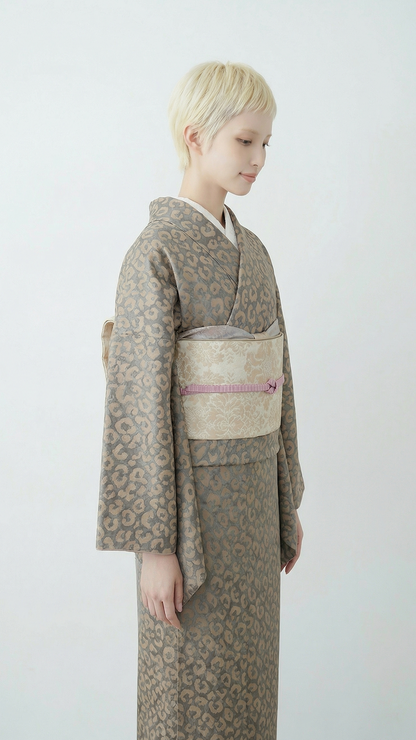着物 単衣 【サヴァンナ・グレージュ】 ヒョウ柄 豹柄 レオパード グレージュ