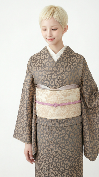 着物 単衣 【サヴァンナ・グレージュ】 ヒョウ柄 豹柄 レオパード グレージュ