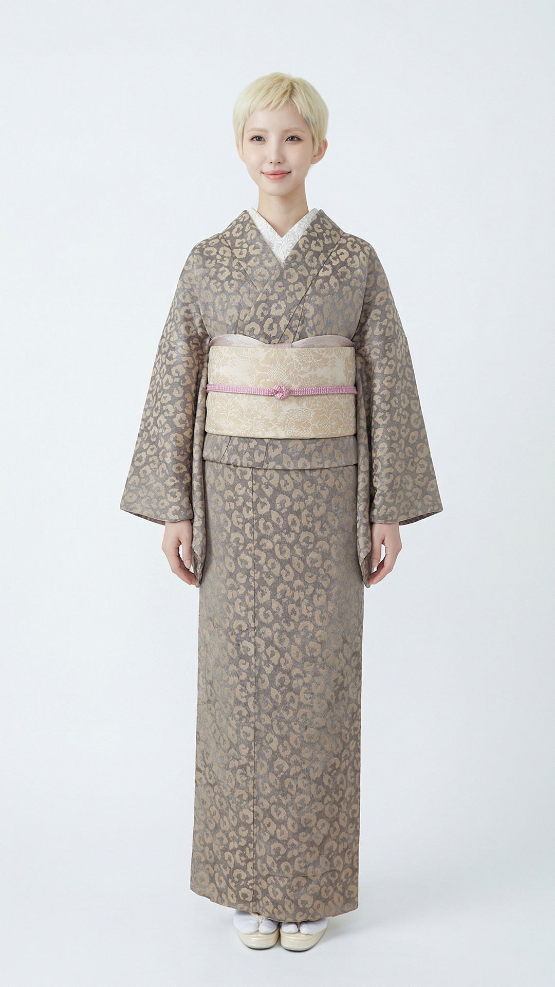 着物 単衣 【サヴァンナ・グレージュ】 ヒョウ柄 豹柄 レオパード グレージュ