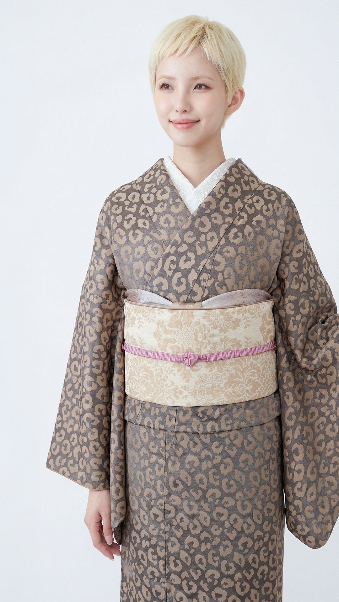 着物 単衣 【サヴァンナ・グレージュ】 ヒョウ柄 豹柄 レオパード グレージュ