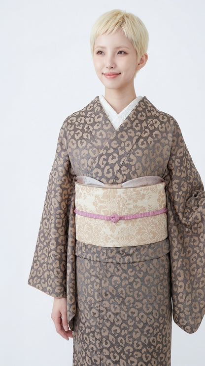 着物 単衣 【サヴァンナ・グレージュ】 ヒョウ柄 豹柄 レオパード グレージュ