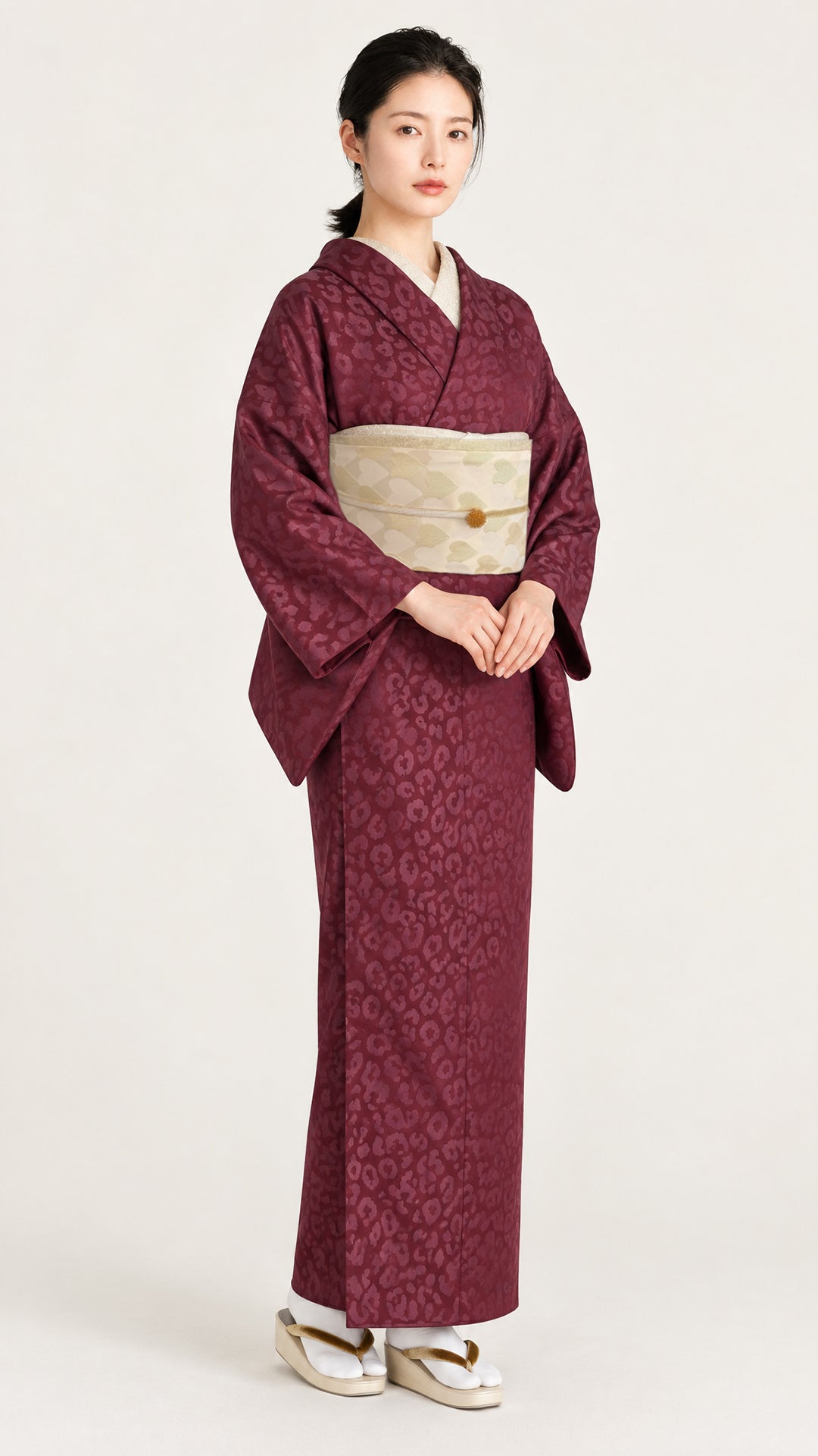 着物 単衣 【サヴァンナ・ボルドー】 ヒョウ柄 豹柄 レオパード ワイン