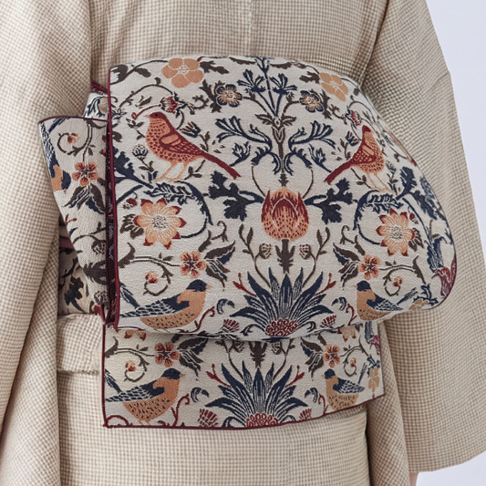 兵児帯 大人のへこ帯 ウィリアム・モリス いちご泥棒 名古屋帯 ベージュ