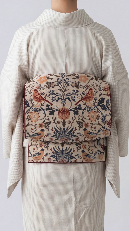 兵児帯 大人のへこ帯 ウィリアム・モリス いちご泥棒 名古屋帯 ベージュ