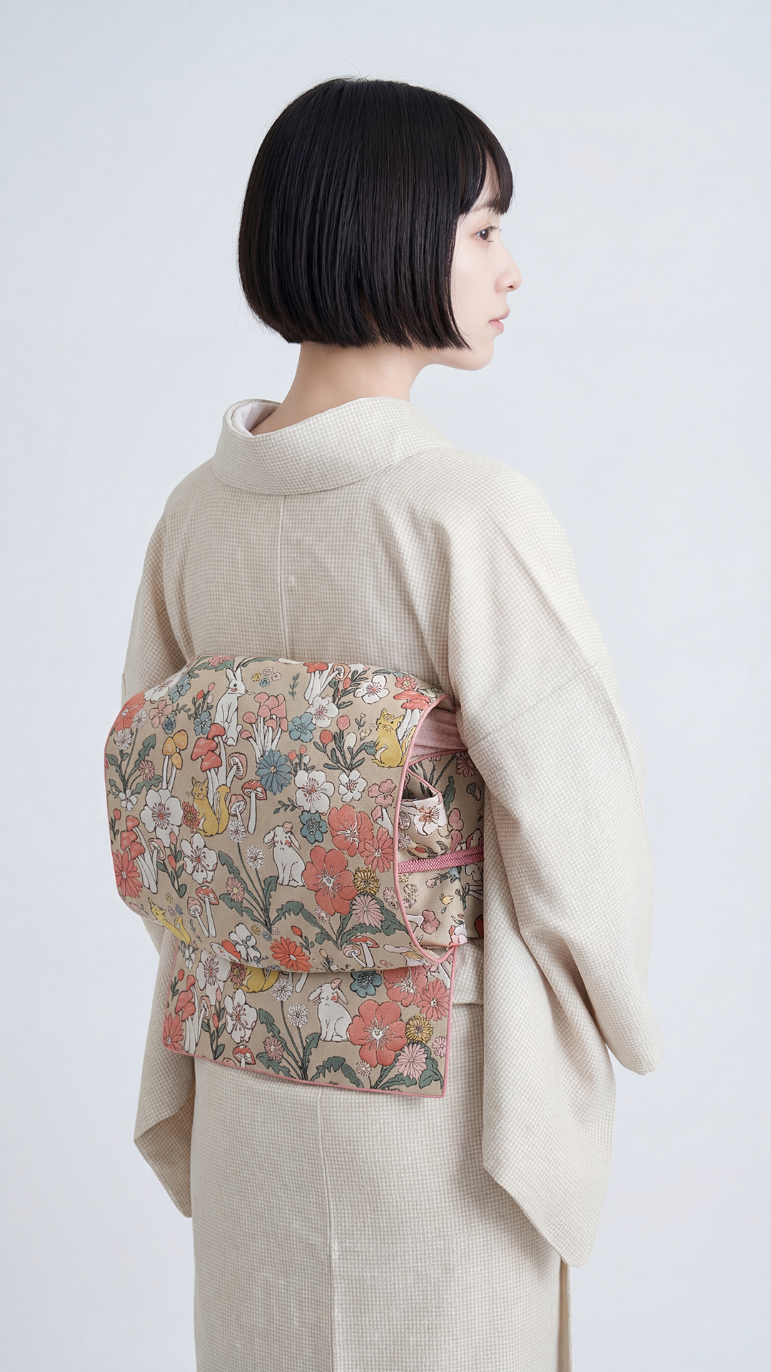 兵児帯 へこ帯 動物の森 うさぎ りす きのこ 開き 名古屋帯 ベージュ