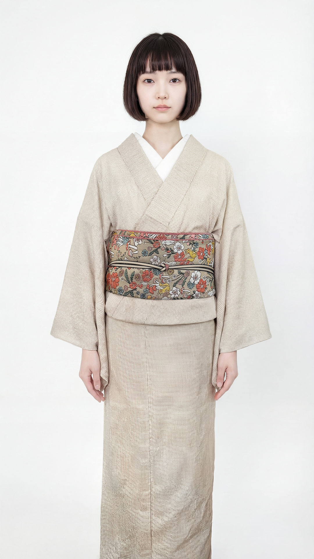 兵児帯 へこ帯 動物の森 うさぎ りす きのこ 開き 名古屋帯 ベージュ