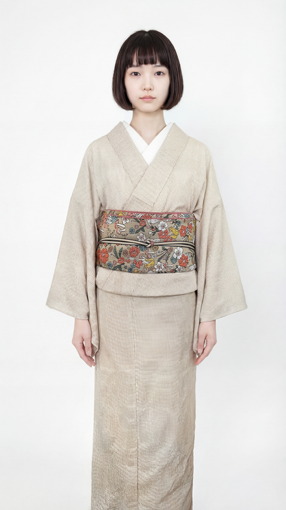 兵児帯 へこ帯 動物の森 うさぎ りす きのこ 開き 名古屋帯 ベージュ