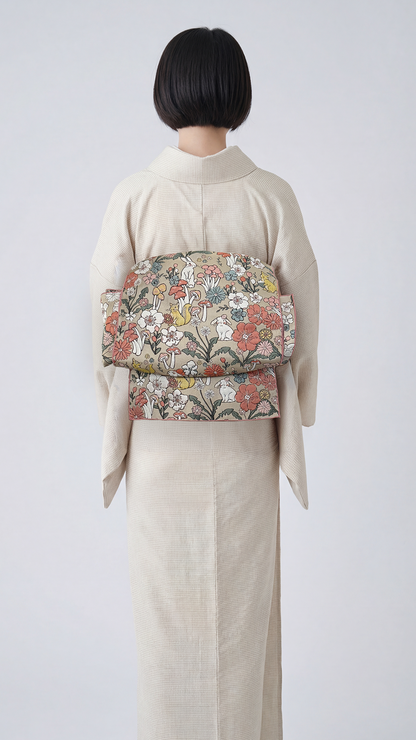 兵児帯 へこ帯 動物の森 うさぎ りす きのこ 開き 名古屋帯 ベージュ