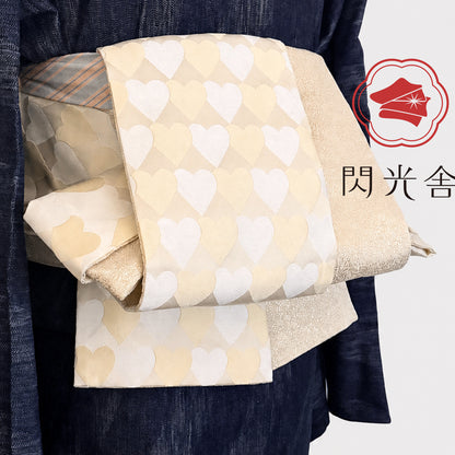 半幅帯 ハートレジメンタル ミルクとラメ 白 リバーシブル