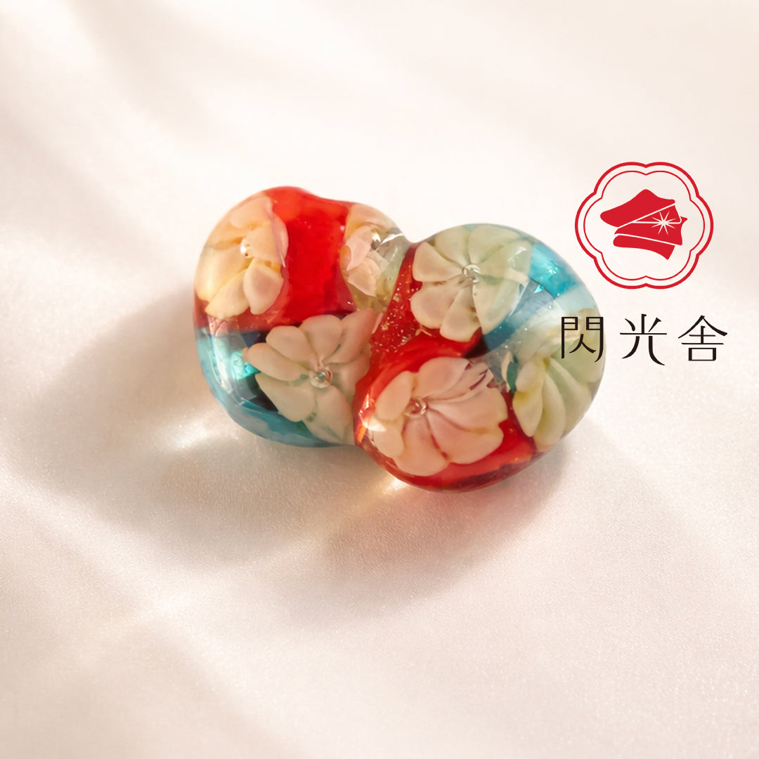 閃光舎 ガラスの帯留め 水色 花 オレンジ クリア 透明 とんぼ玉 2267