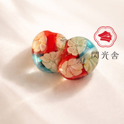 閃光舎 ガラスの帯留め 水色 花 オレンジ クリア 透明 とんぼ玉 2267