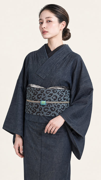 兵児帯 サヴァンナ アッシュブルー 大人のへこ帯 ヒョウ柄 豹柄 リバーシブル 青灰